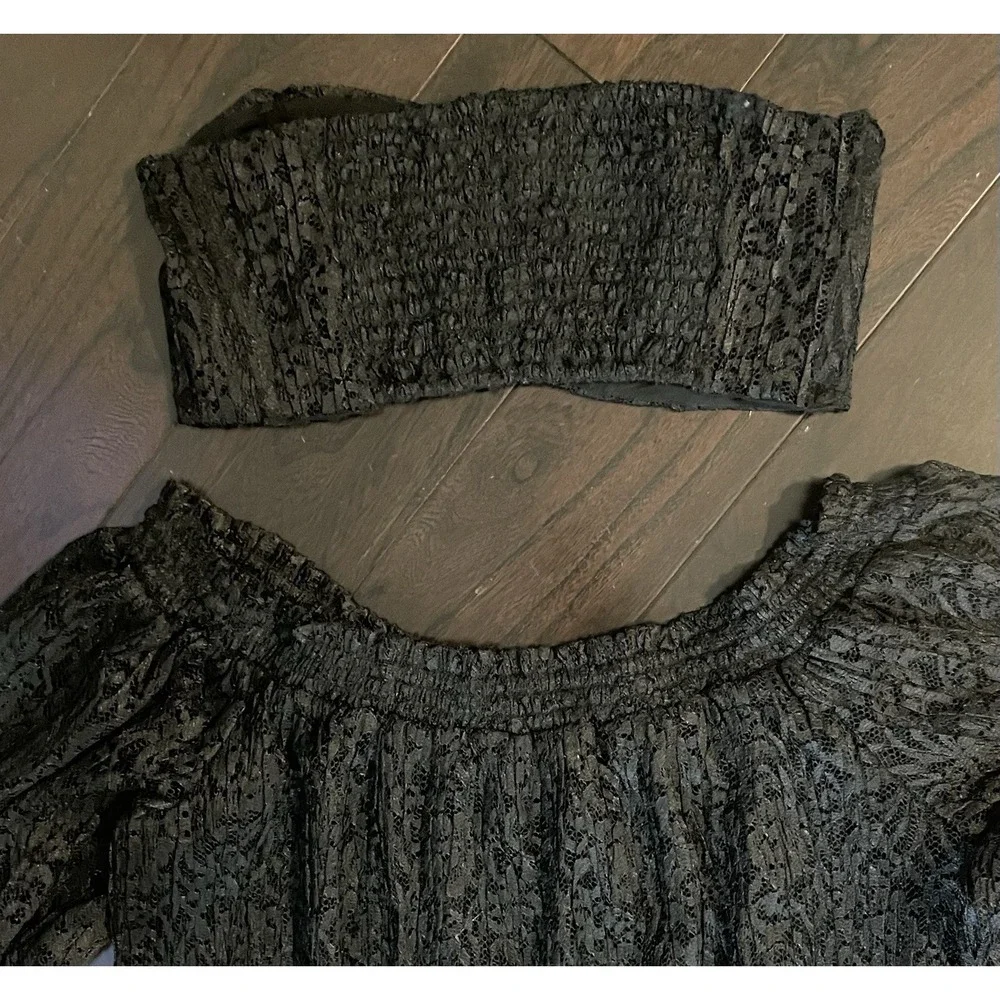 Free People Mini Dress Small Black Lace Sheer Off Shoulder Dropped Waist Boho